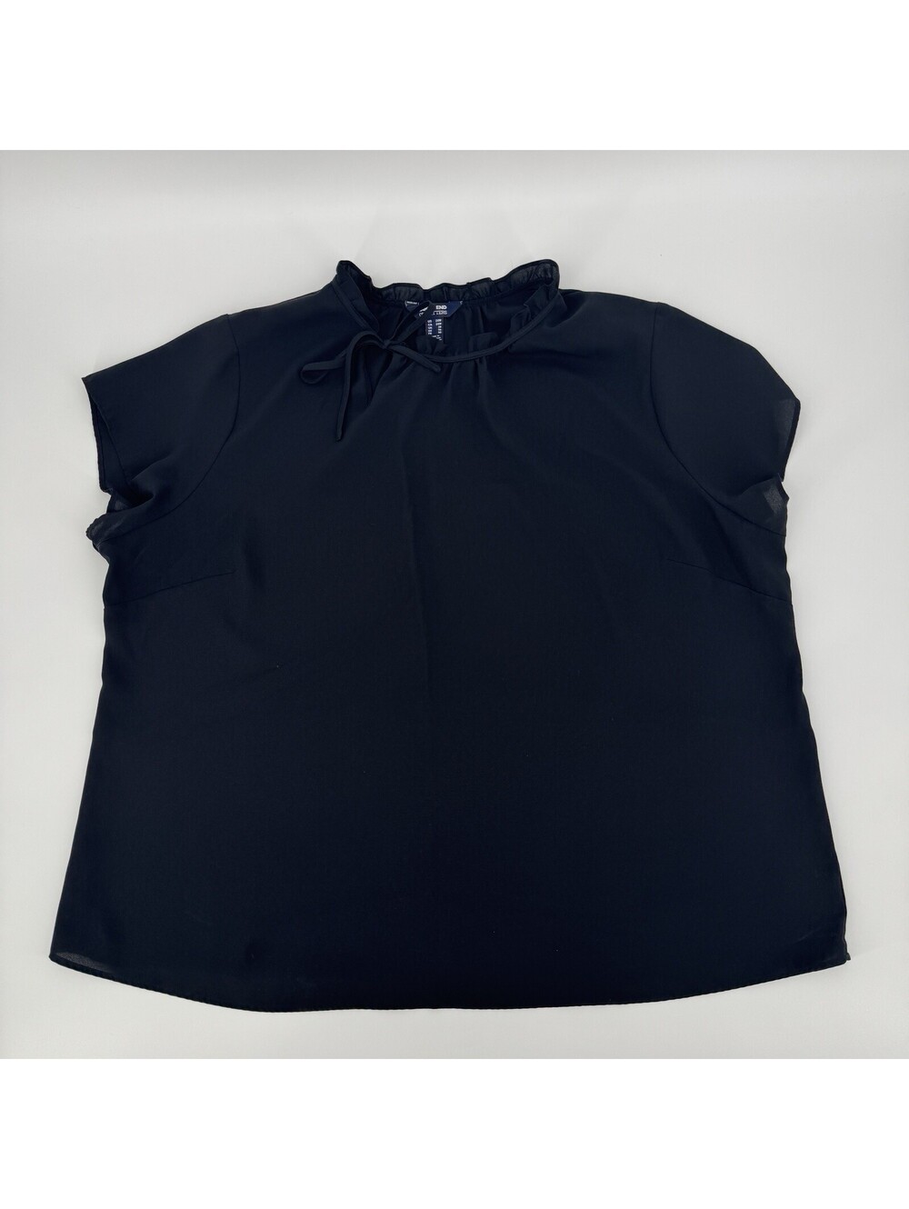 Lands’ End Outfitters Short Sleeve Blouse Black Tie Neck Ruffles Women's 24W